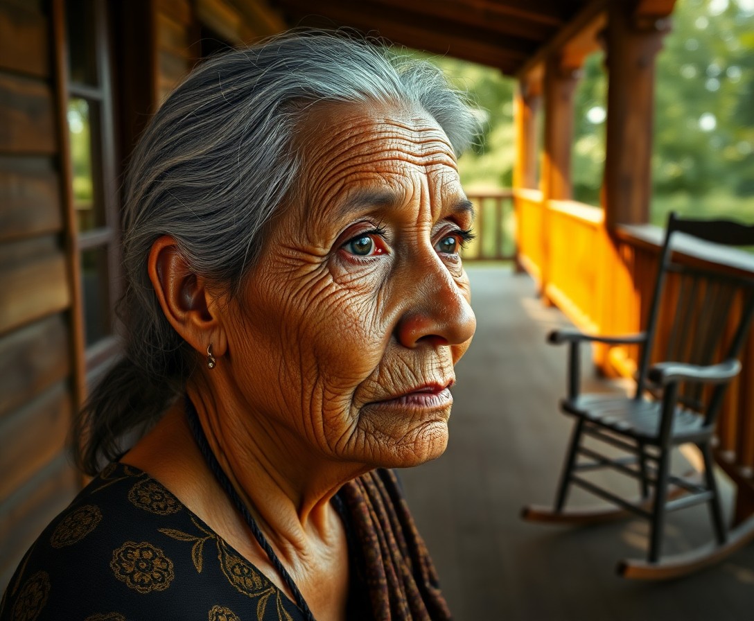 AI generated art for prompt: Craft a hyper-realistic portrait of an elderly Amazonian woman whose face bears deep creases, testam