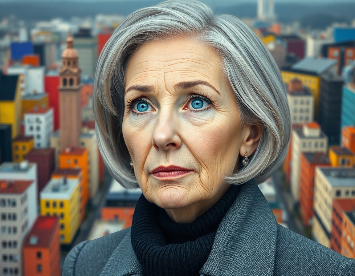 AI generated art for prompt: A photorealistic portrait showcases an elderly Slavic woman with striking silver hair styled in a ch
