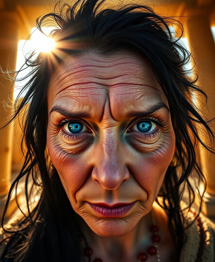 AI generated art for prompt: A hyper-realistic portrait reveals an enigmatic mystic's timeless allure with piercing sapphire eyes