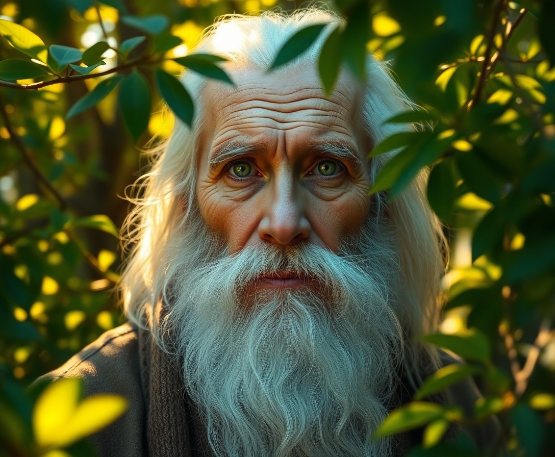 AI generated art for prompt: Craft a hyperrealistic portrait of an elderly sage with a lengthy white beard, clouded green eyes, a