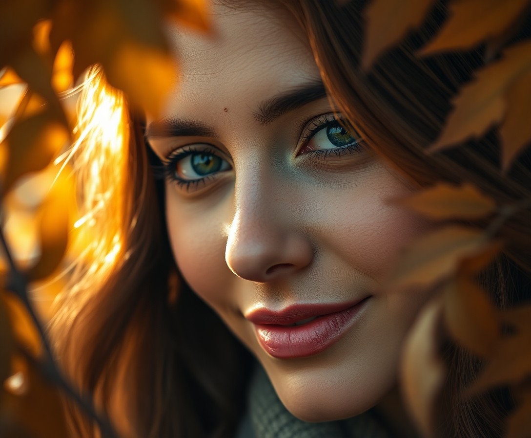AI generated art for prompt: A captivating photorealistic portrait captures a North African woman's delicate features amidst autu