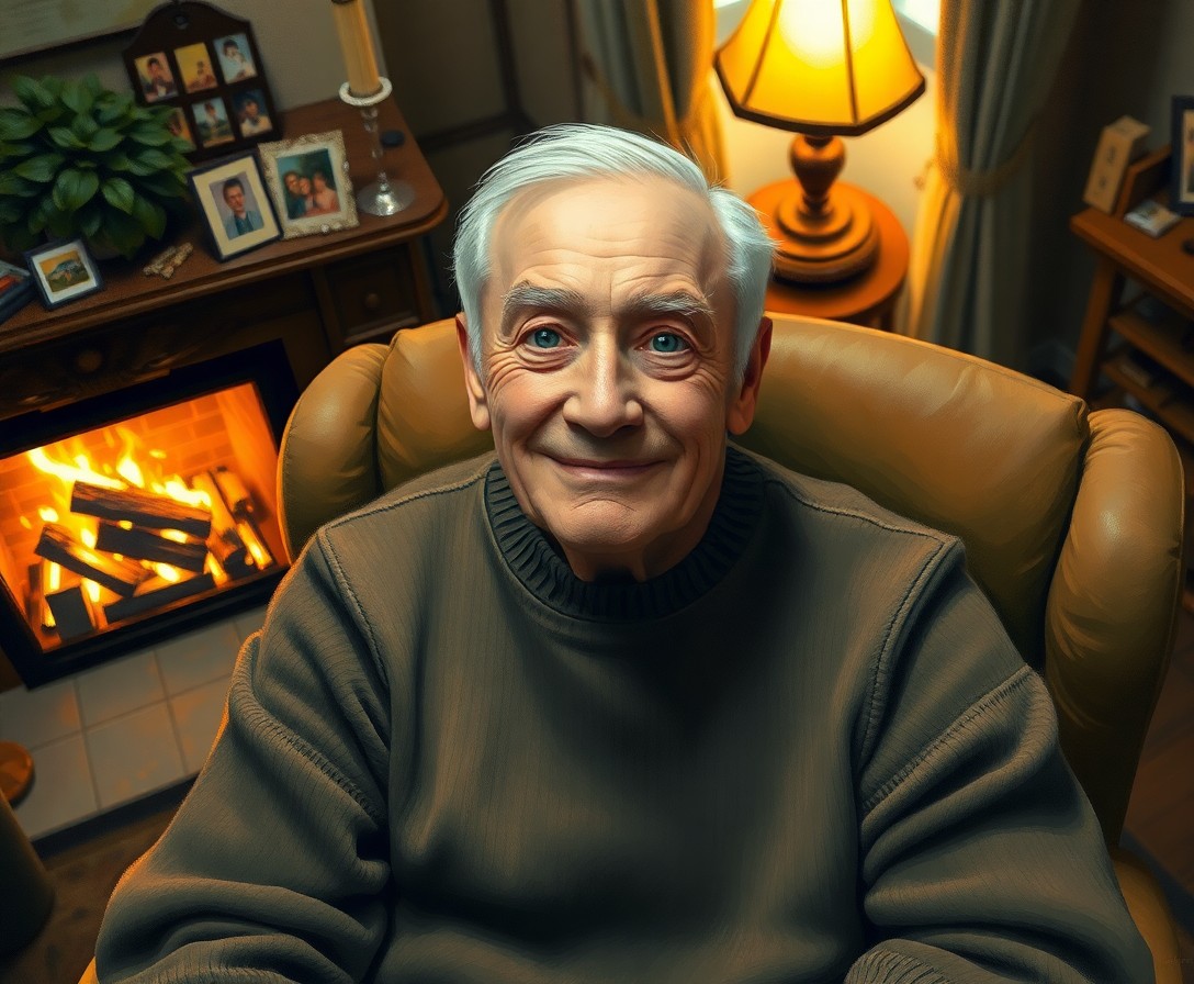 AI generated art for prompt: An impressionist-style portrait portrays an elderly gentleman with serene hazel eyes and a gentle sm