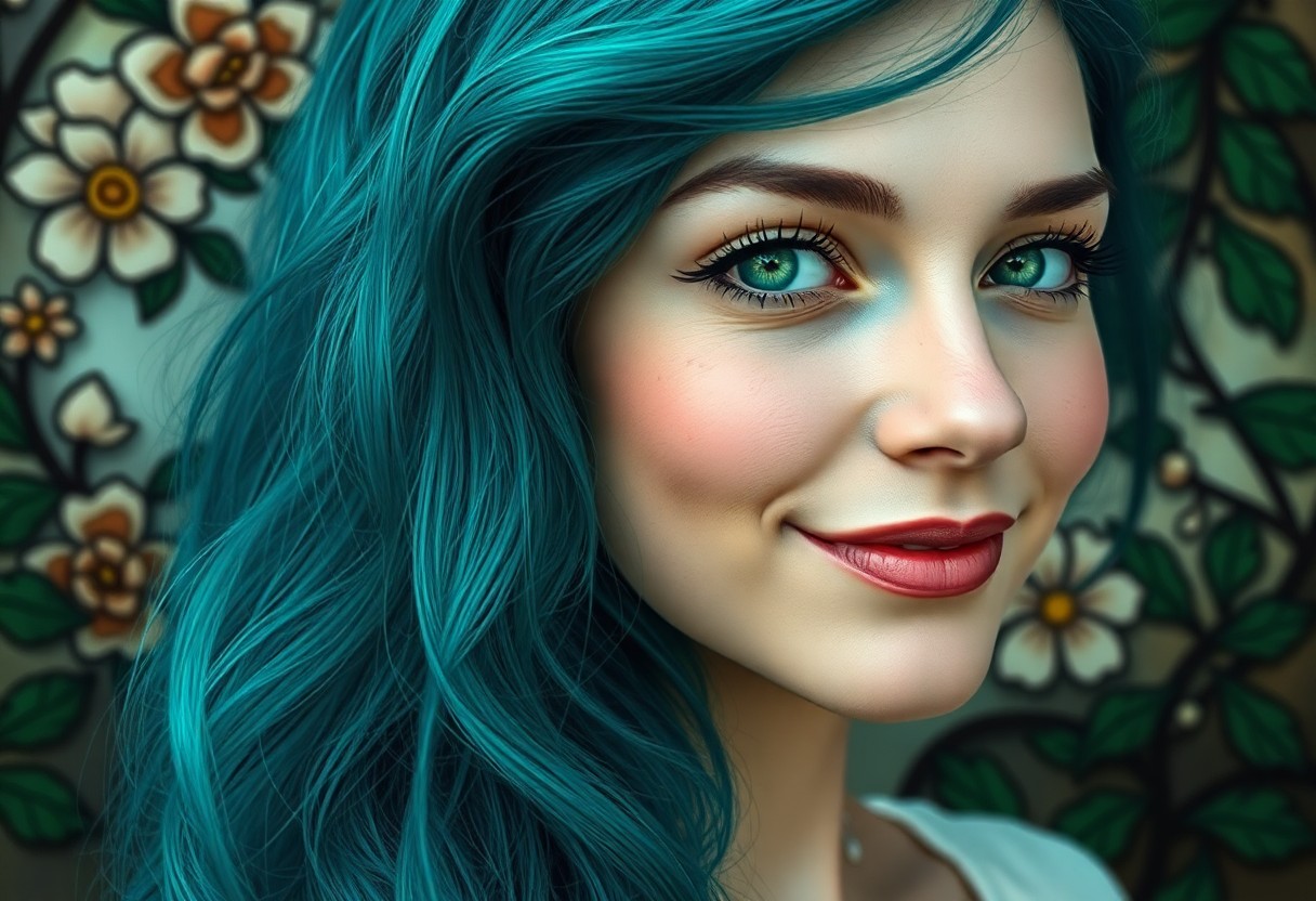 AI generated art for prompt: A captivating Southern European woman with vibrant turquoise hair frames her delicate features as it