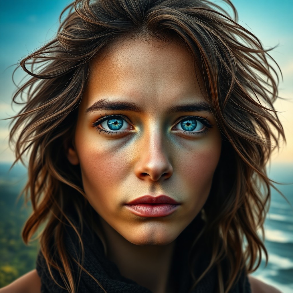 AI generated art for prompt: Create a hyperrealistic portrait of an enigmatic traveler with deep blue eyes, capturing a distant m
