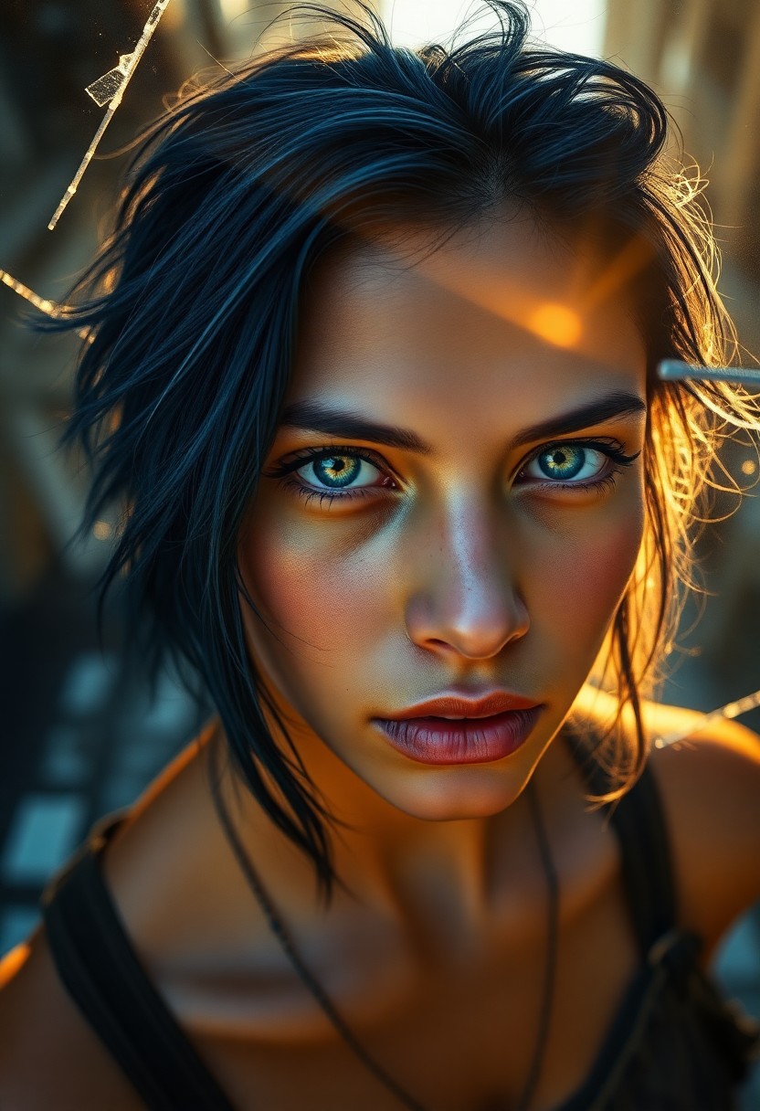 AI generated art for prompt: A highly realistic portrait showcases a young Native American woman with her tousled blue-black hair