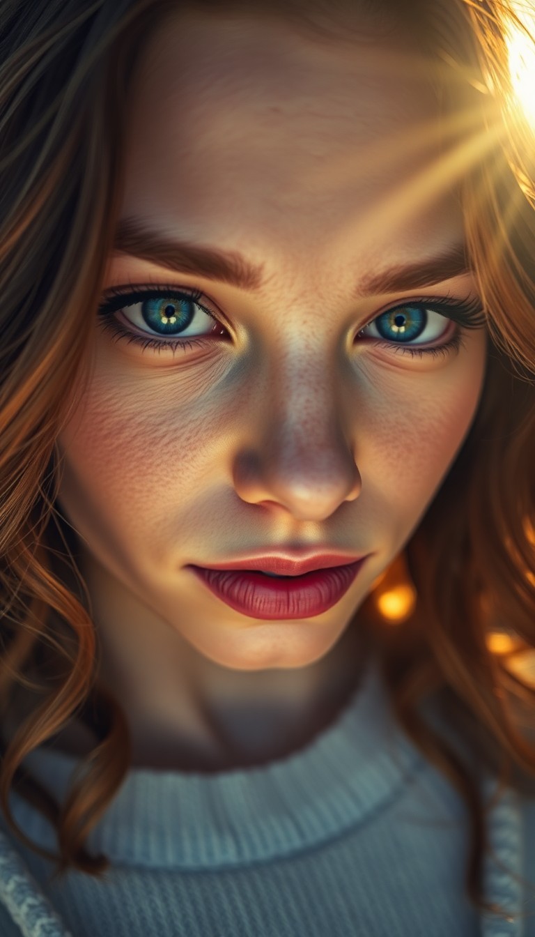 AI generated art for prompt: Envision an ultra-realistic portrait showcasing a subject with captivating sapphire eyes and bold ar