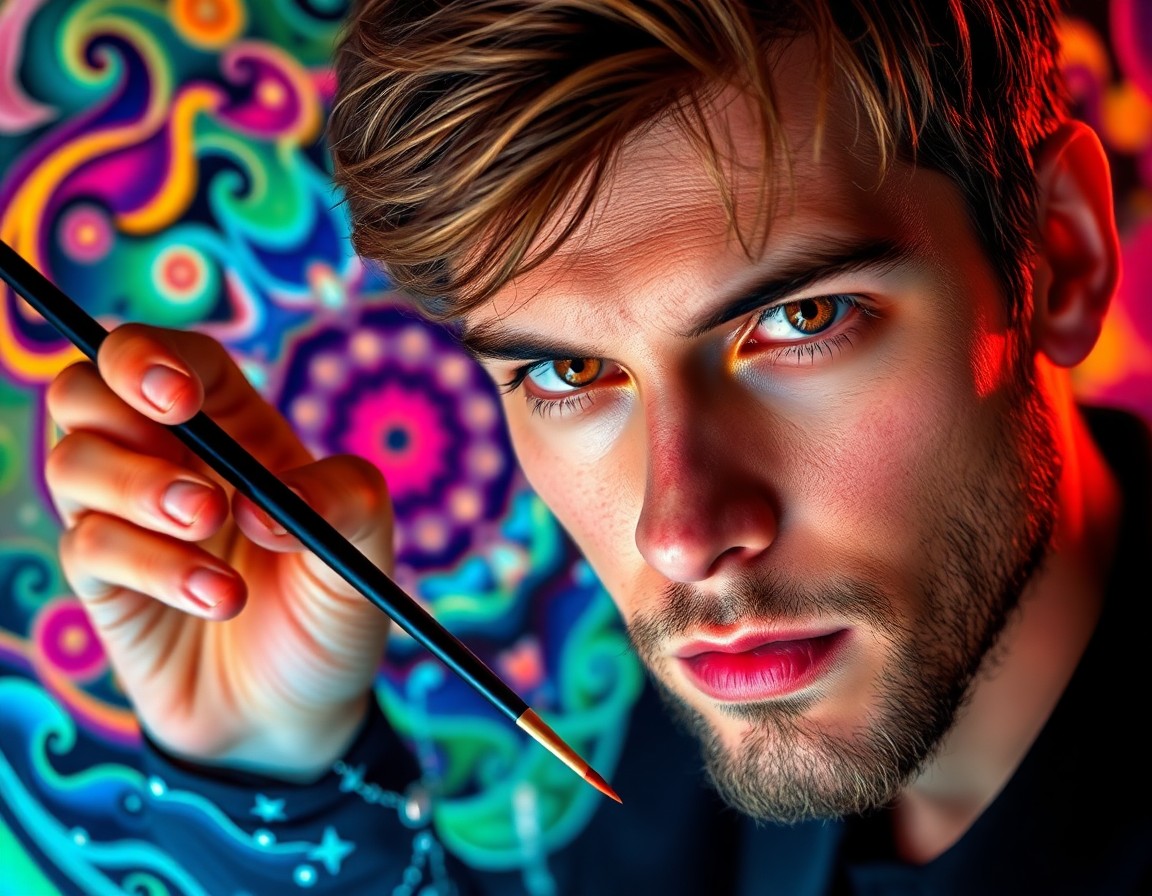 AI generated art for prompt: A photorealistic portrait depicts an illusionist's mastery as they wield a paintbrush to craft mesme