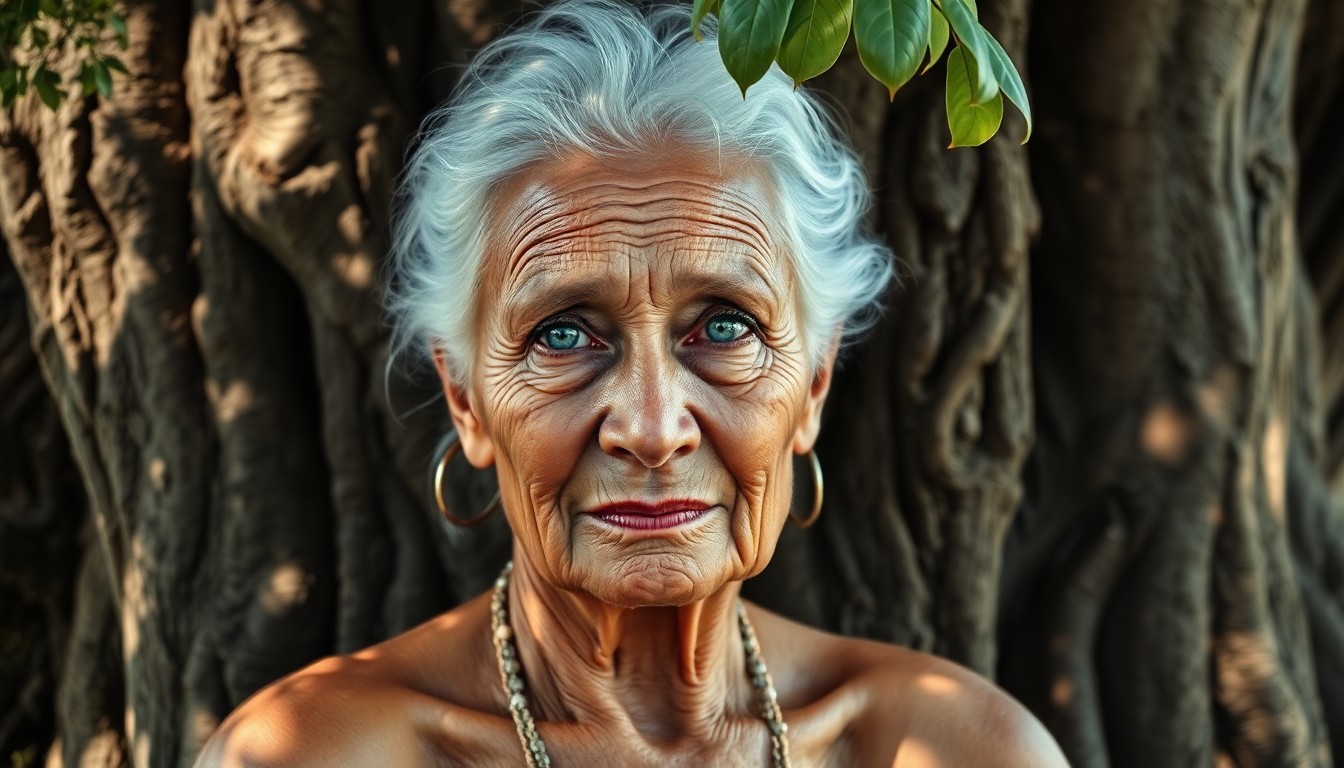 AI generated art for prompt: Craft a photorealistic portrait of an elderly Polynesian woman with piercing blue eyes and silver-wh