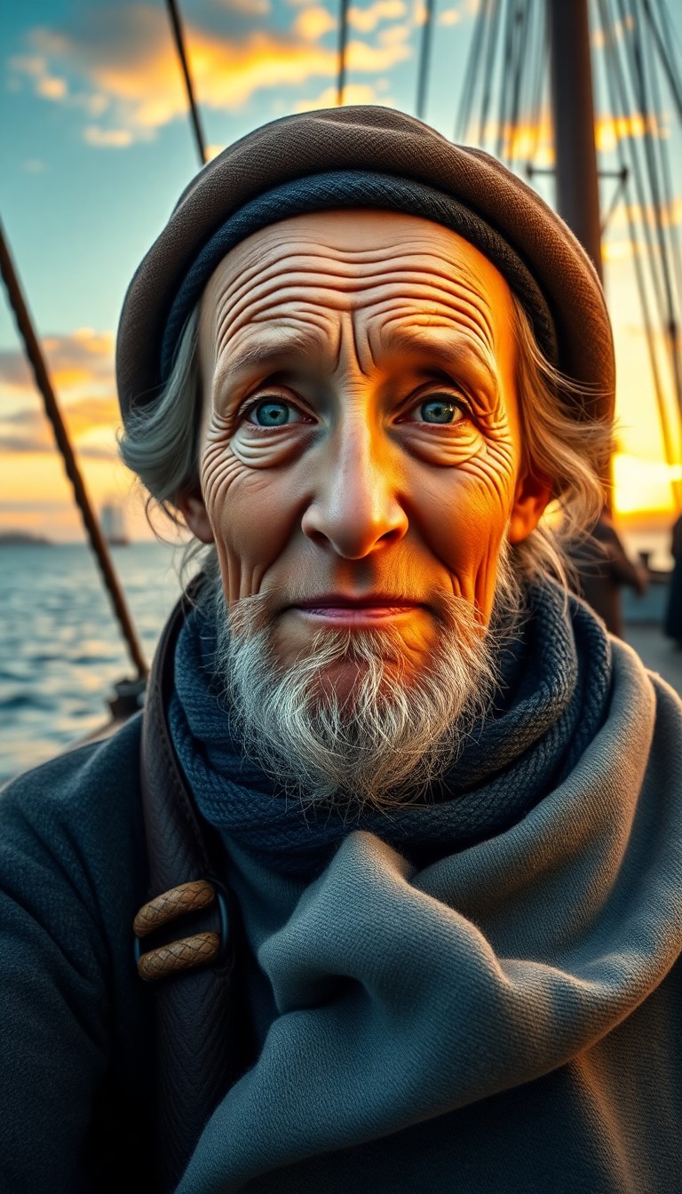 AI generated art for prompt: A photorealistic portrait of an elderly woman with a wise and contented expression, deep wrinkles fr