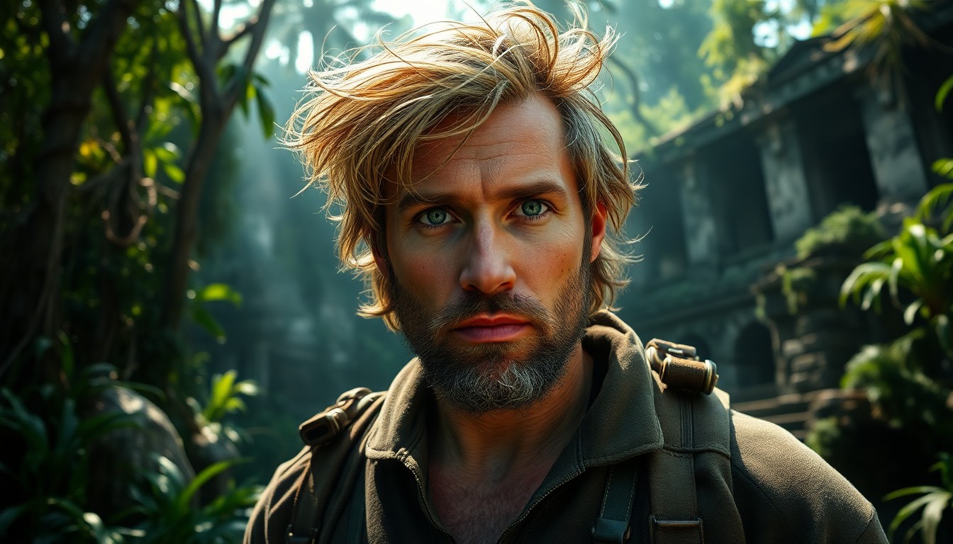 AI generated art for prompt: Craft a captivating portrait of a rugged male adventurer with intense green eyes and windswept salt-