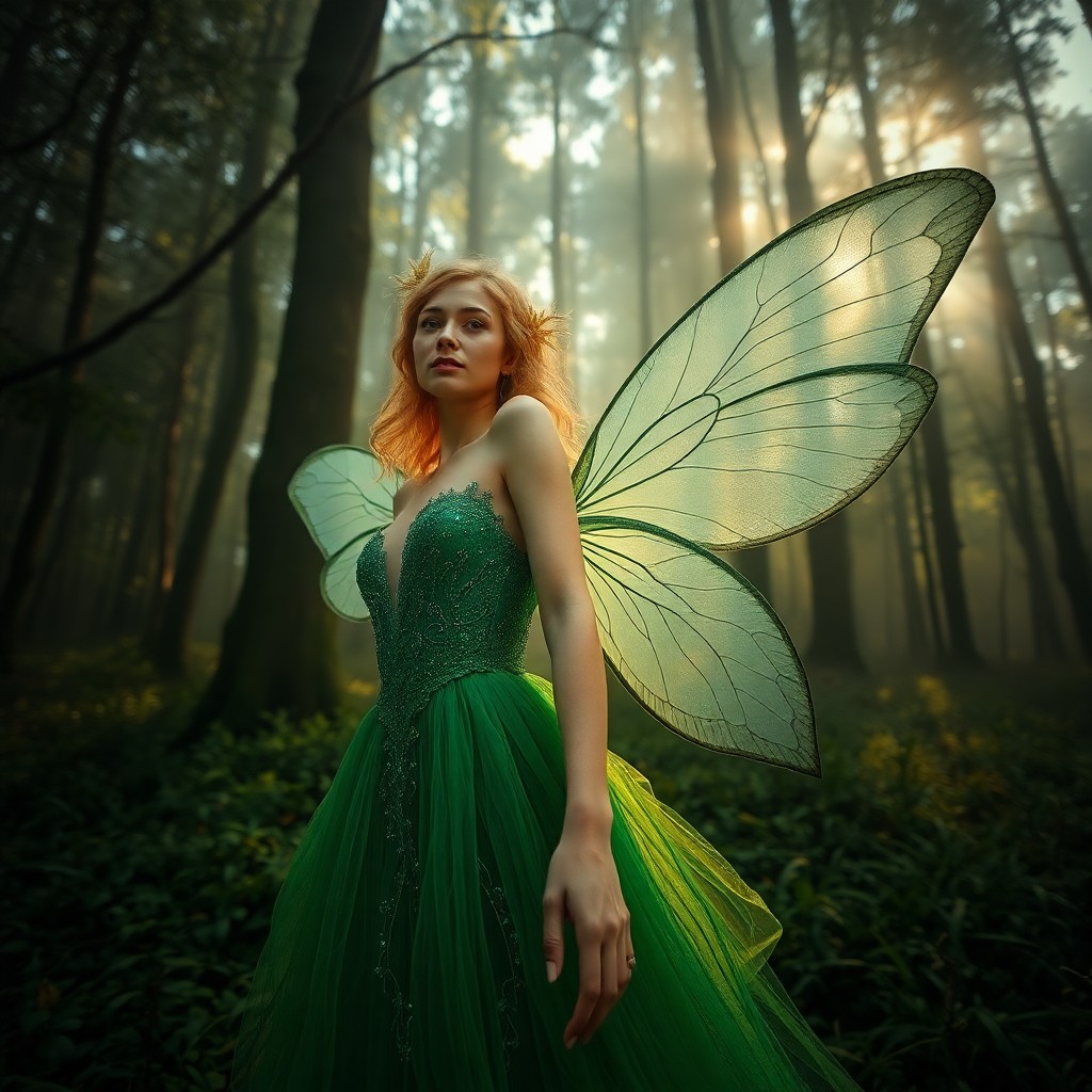 AI generated art for prompt: A captivating fae, her ethereal beauty emphasized by a low-angle shot in a misty forest glade, draws