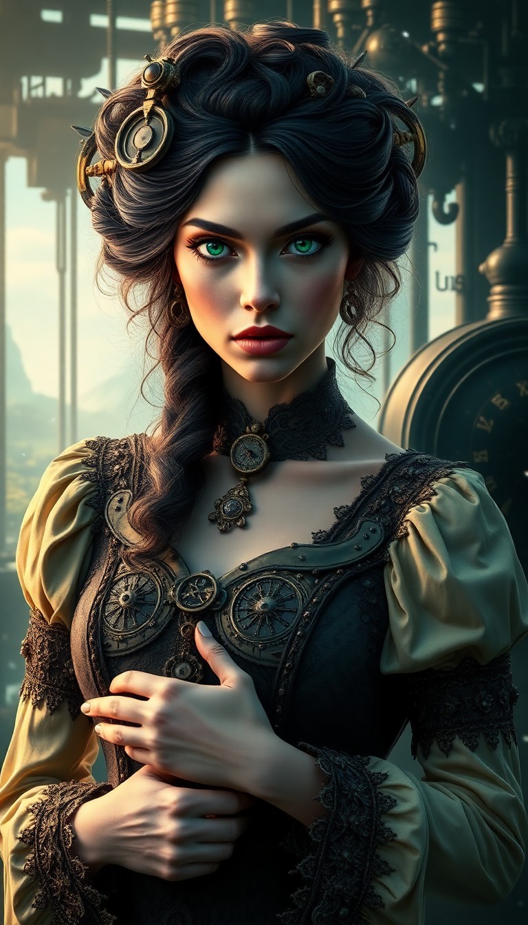 AI generated art for prompt: Captivating portrait of an enigmatic woman with piercing emerald eyes, merging steampunk and digital