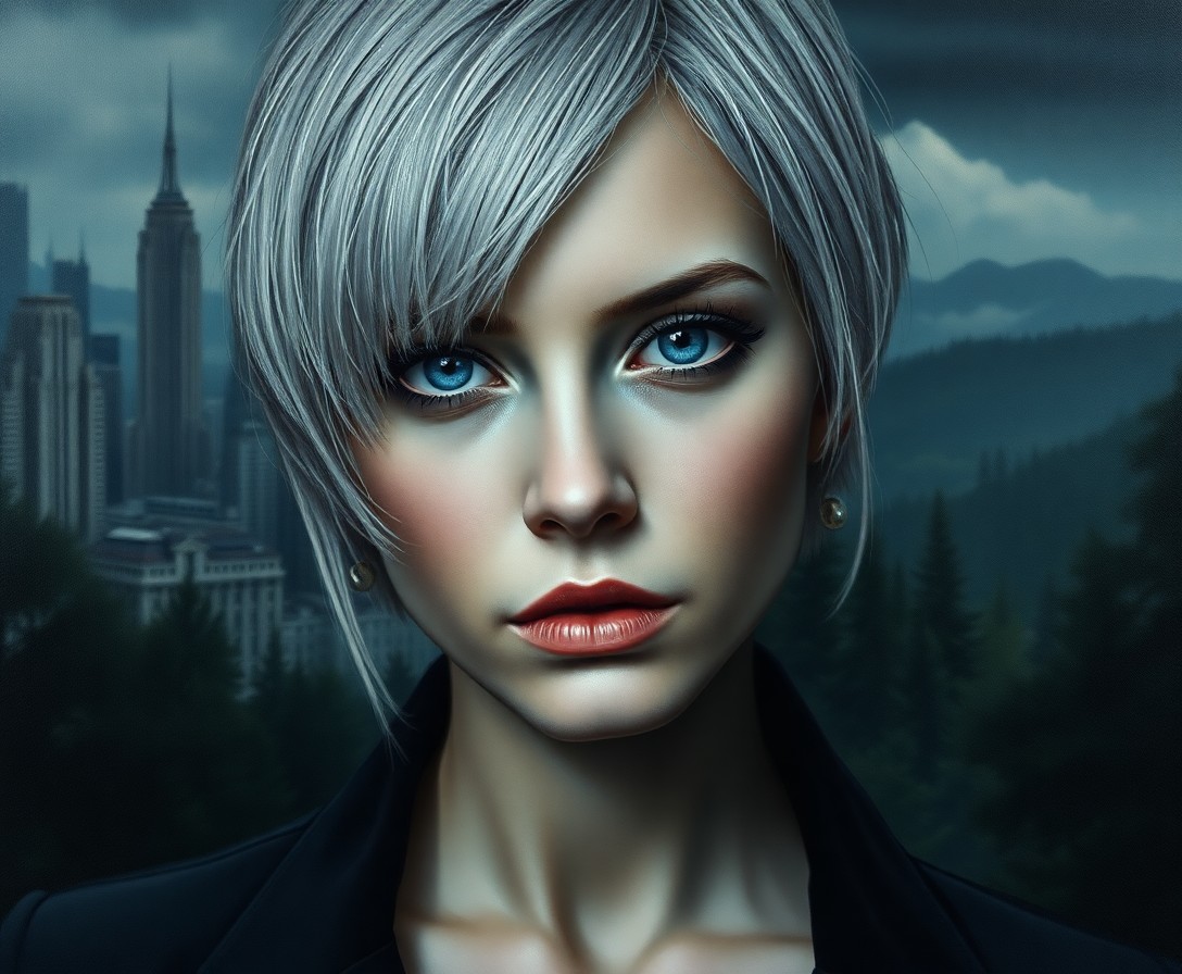 AI generated art for prompt: Render a photorealistic oil painting portrait of an enigmatic Slavic woman with short silver hair an