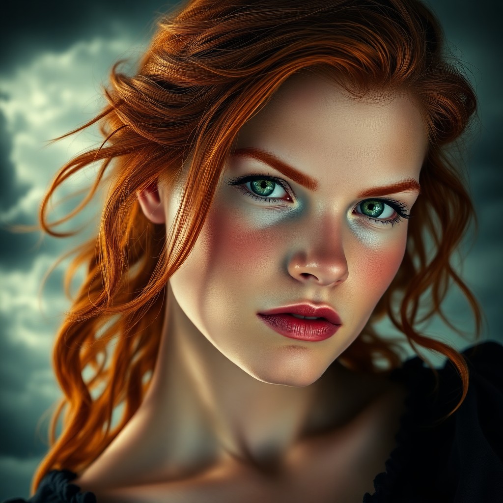 AI generated art for prompt: Craft a Renaissance-inspired portrait showcasing an intense redhead with captivating emerald eyes. D