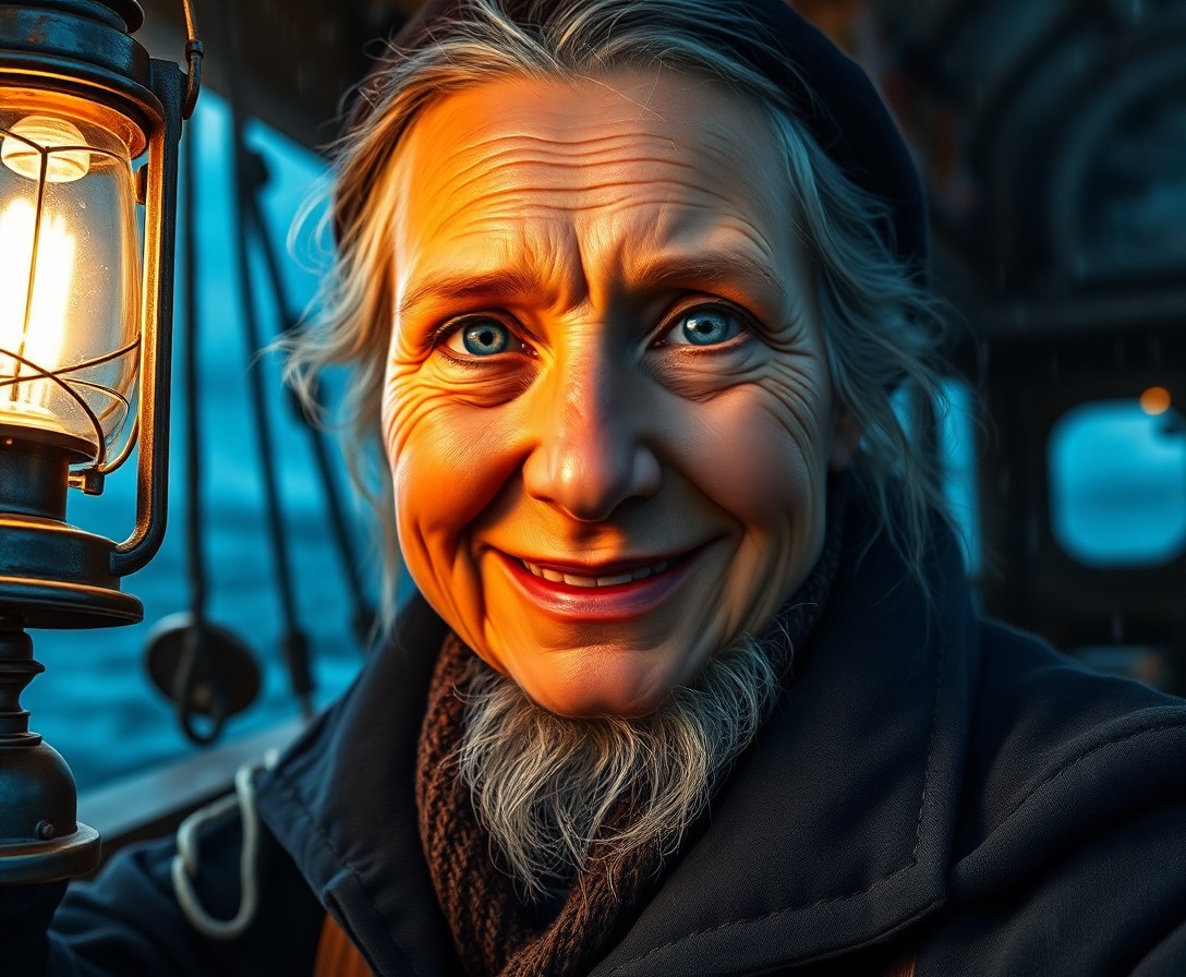 AI generated art for prompt: Craft a super-realistic portrait of an aged woman with a warm smile, her intense blue eyes conveying