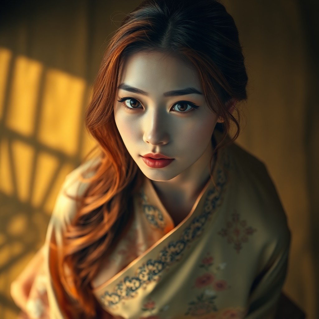 AI generated art for prompt: A captivating portrait of a young East Asian woman with cascading chestnut and amber tresses adorns 