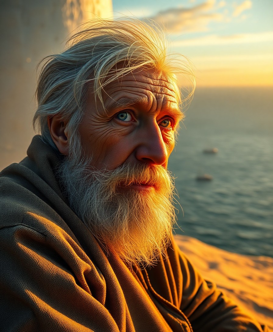 AI generated art for prompt: Craft a hyperrealistic portrait of an elderly lighthouse keeper with grizzled facial hair, captivati