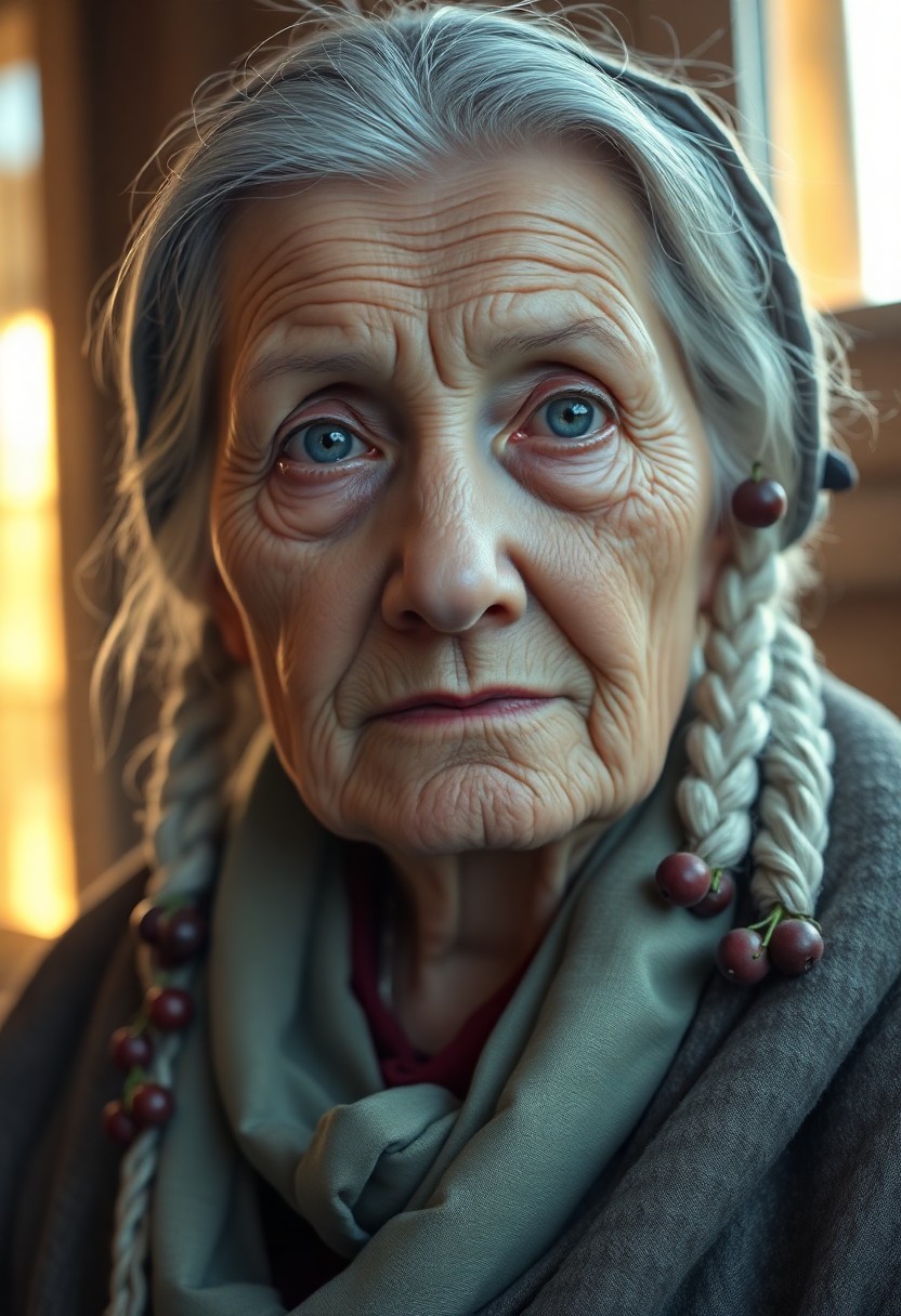 AI generated art for prompt: Craft a photorealistic portrait of an elderly Central Asian woman with a furrowed brow and porcelain