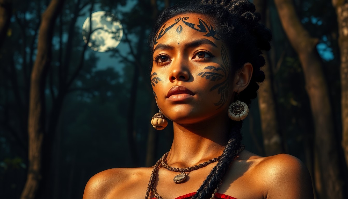 AI generated art for prompt: Envision a young Micronesian woman adorned with intricate tribal facial tattoos, her enigmatic prese