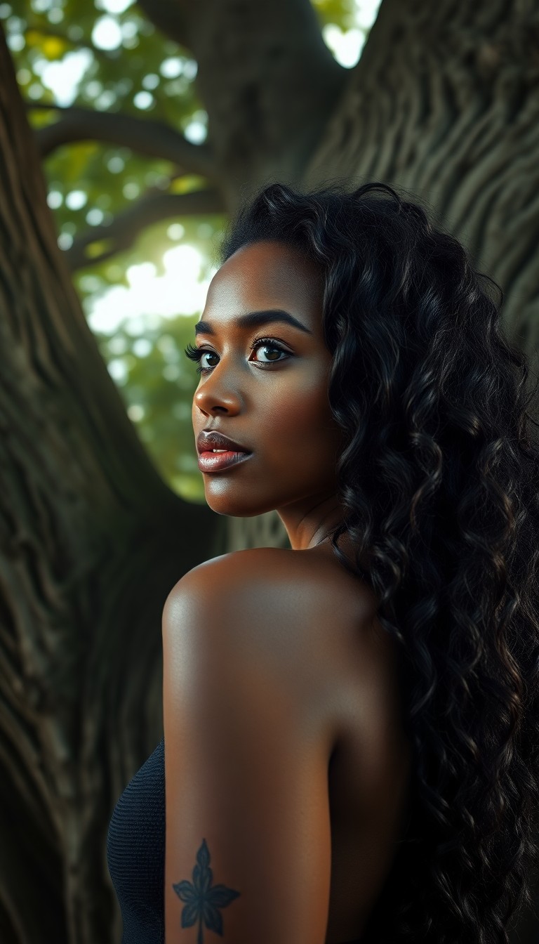 AI generated art for prompt: A captivating Pacific Islander woman with rich dark skin and serene green eyes is captured in a dram