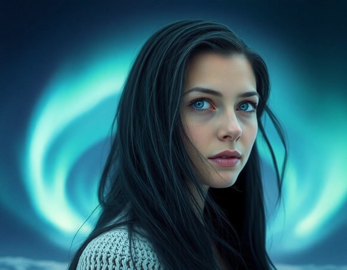 AI generated art for prompt: Envision an enigmatic Nordic woman with timid blue eyes and raven hair cascading down her back, set 