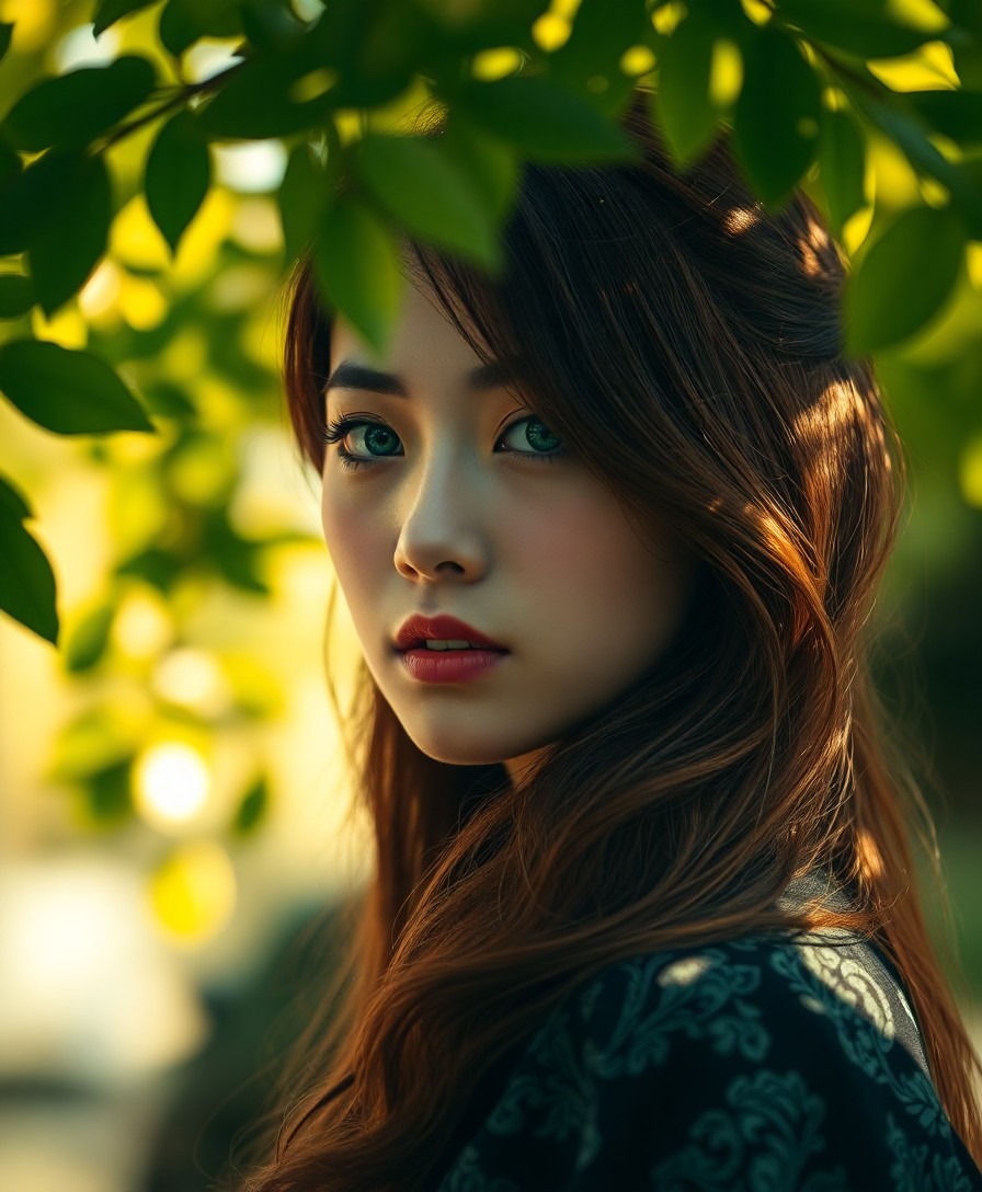 AI generated art for prompt: A captivating portrait photograph showcases an enigmatic East Asian woman with striking emerald eyes