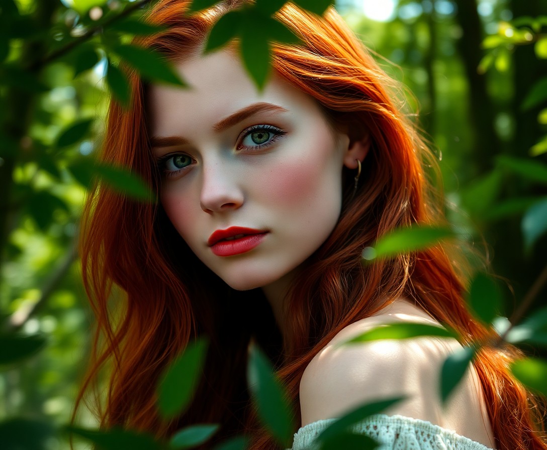 AI generated art for prompt: A captivating portrait showcases a young Slavic woman with vibrant red hair flowing in soft waves do