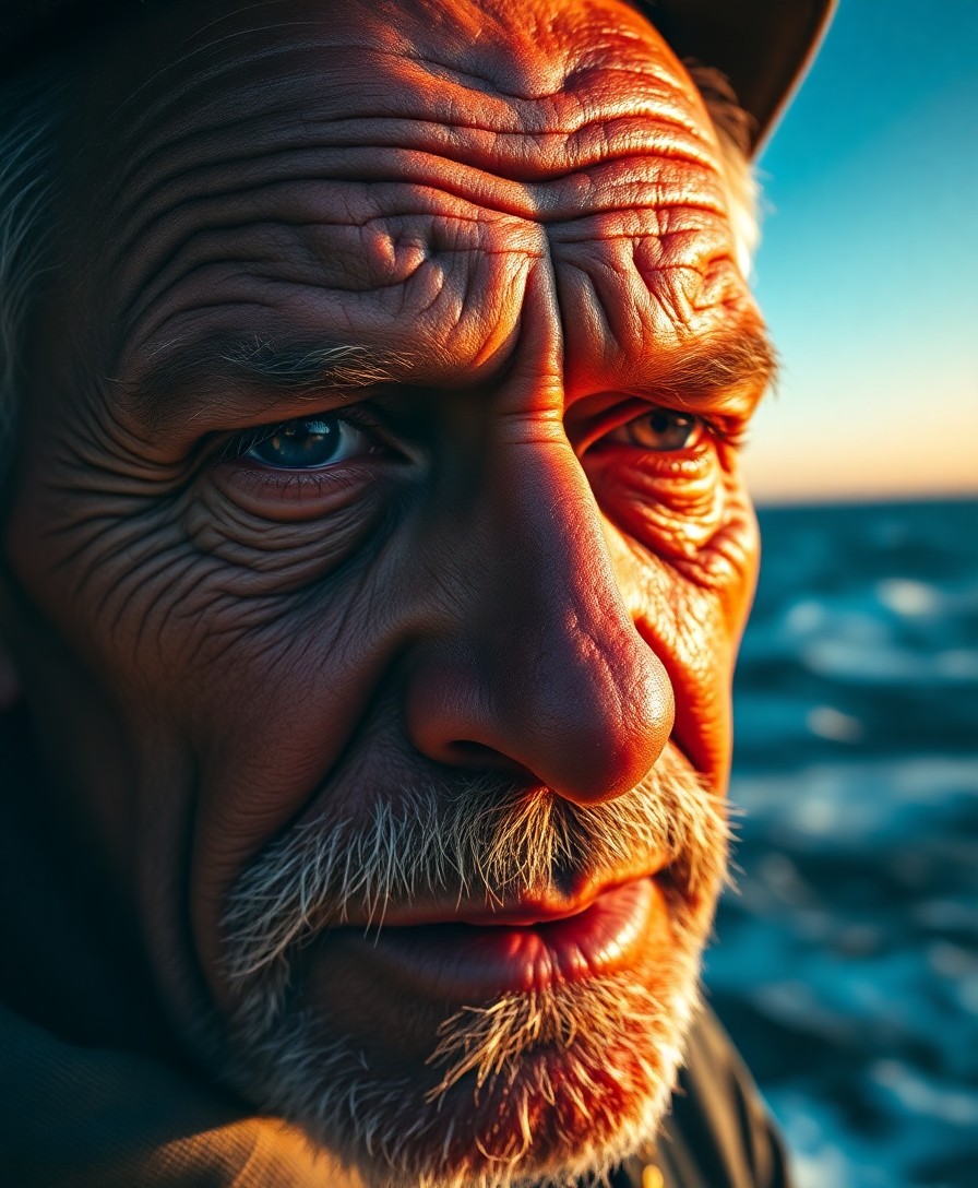 AI generated art for prompt: A highly detailed close-up portrait showcases an experienced fisherman's rugged features—deep wrinkl