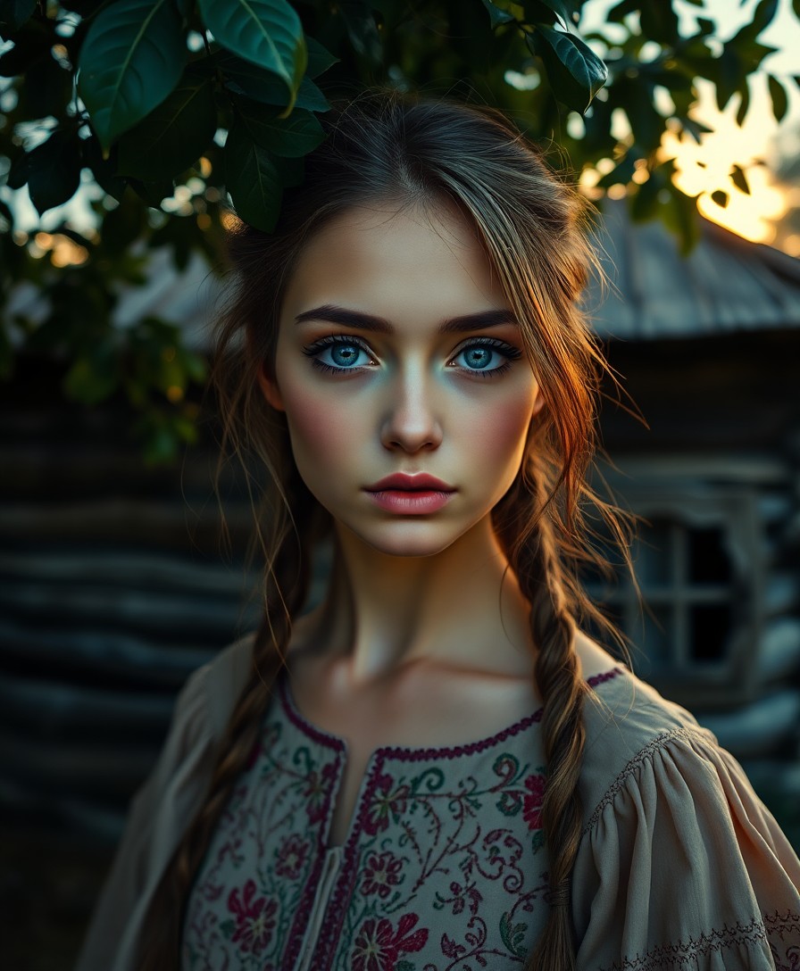 AI generated art for prompt: A photorealistic portrait captures a young Eastern European woman with piercing eyes and delicate fe