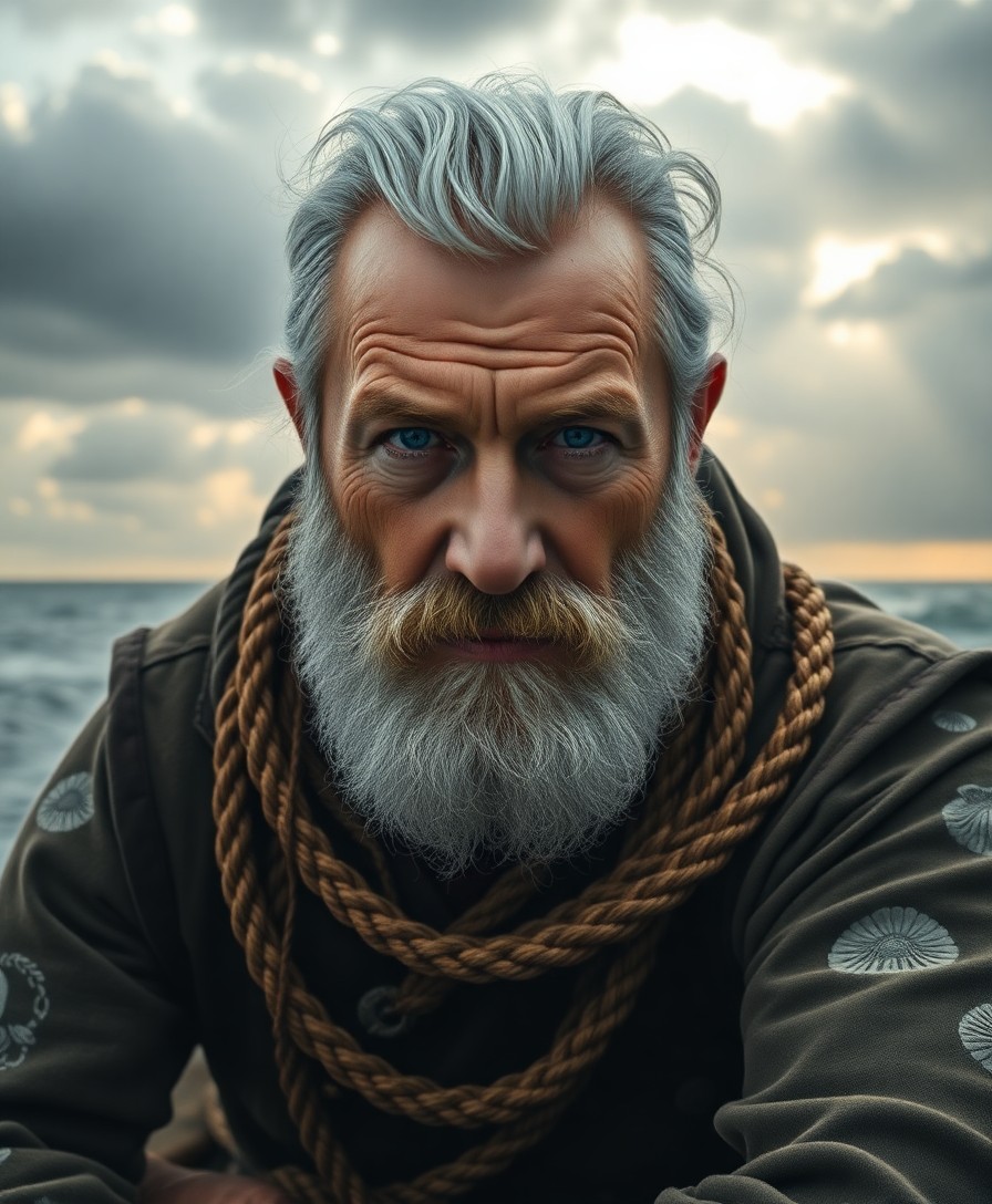 AI generated art for prompt: Craft an ultra-realistic portrait of a vintage sea captain with sun-kissed skin and piercing blue ey