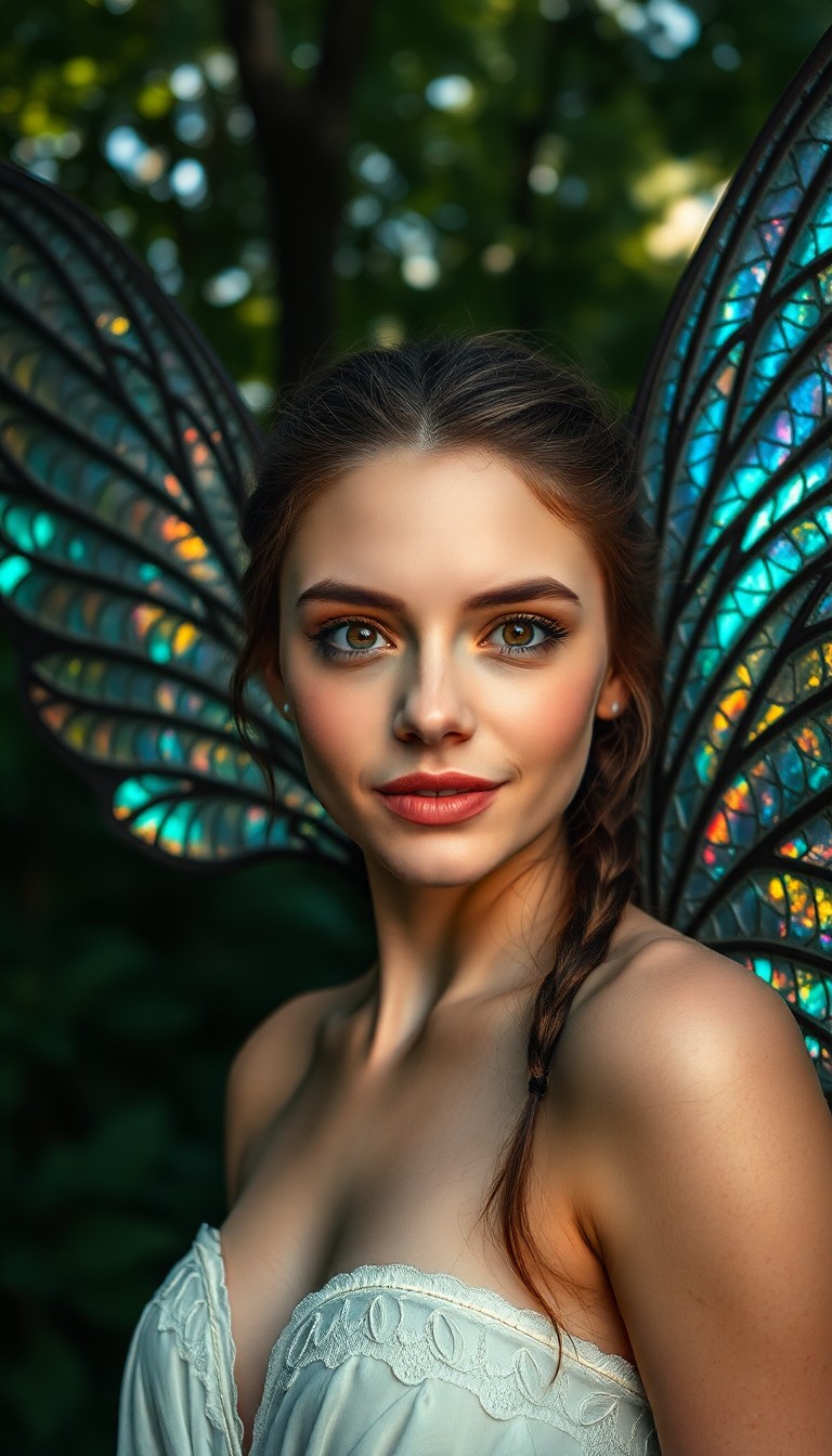 AI generated art for prompt: Craft a portrait photograph showcasing an ethereal fae's enigmatic gaze and intricate iridescent win