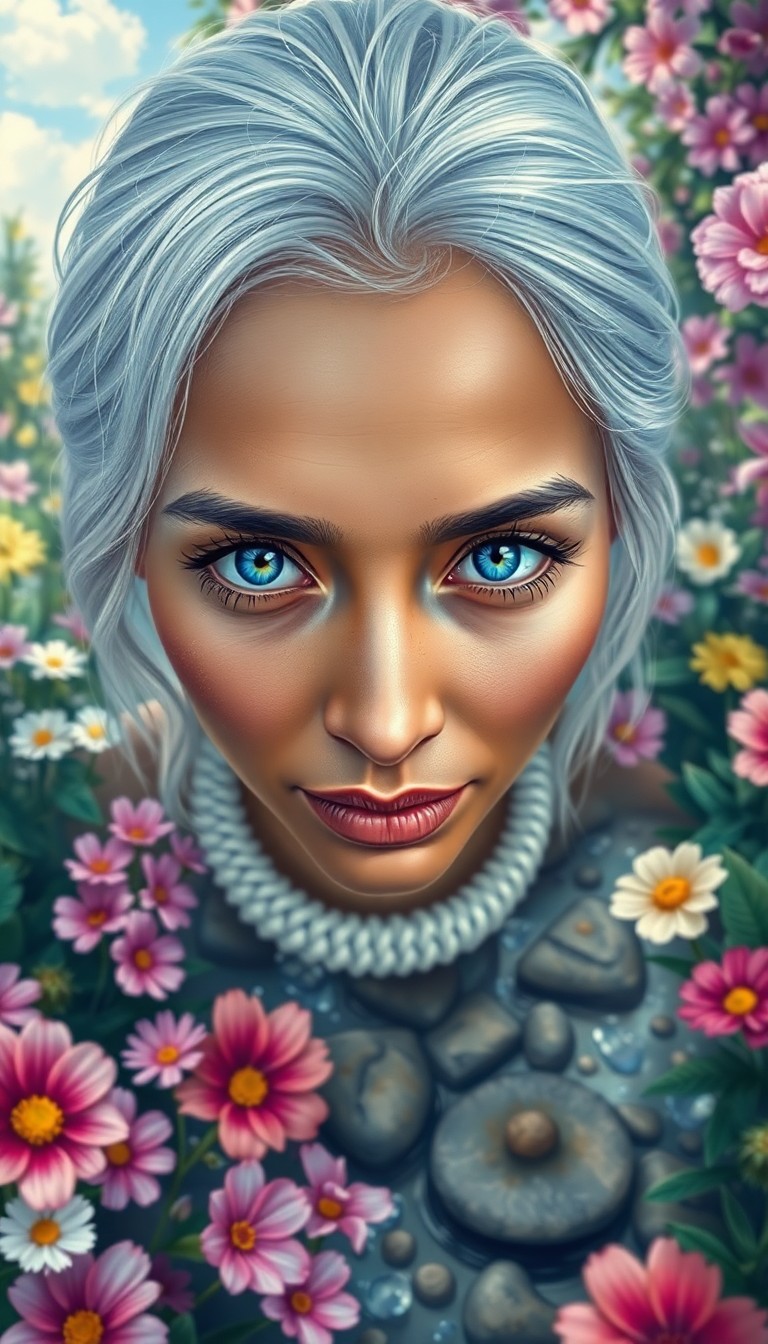 AI generated art for prompt: Craft a hyperrealistic Chuck Close-style portrait of a Micronesian woman with striking blue eyes and