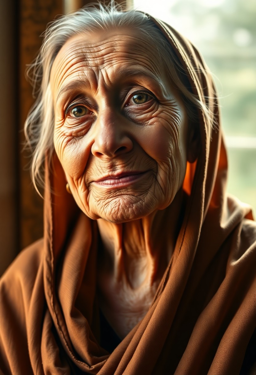 AI generated art for prompt: A serene hyperrealistic portrait evokes the Dutch Golden Age, showcasing an elderly Andean woman's c