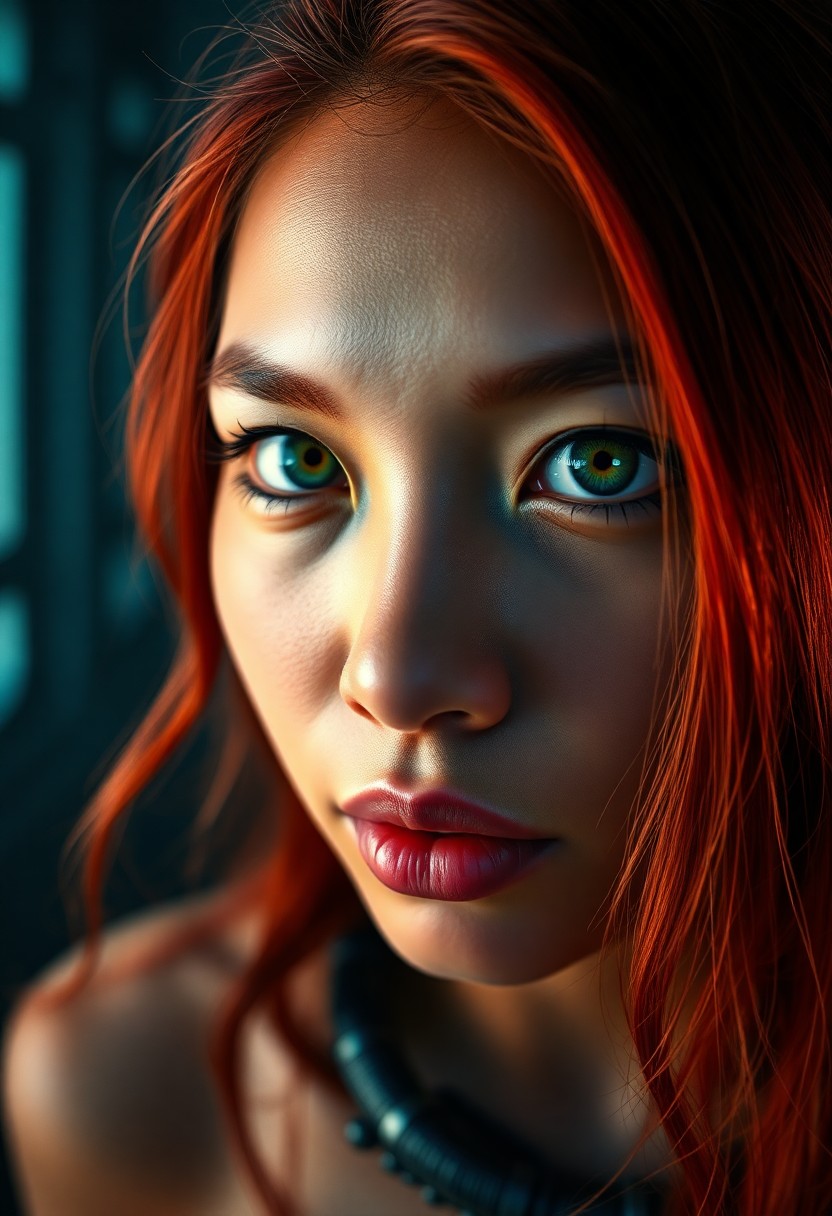 AI generated art for prompt: Hyperrealistic portrait of a young Pacific Islander woman with emerald eyes and fiery red hair, capt