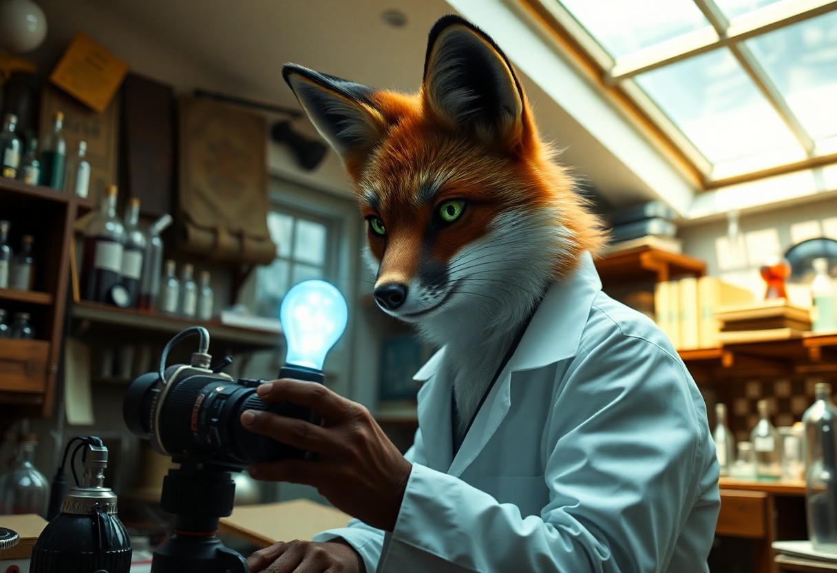 AI generated art for prompt: A film camera captures an anthropomorphic fox scientist's portrait, their emerald eyes exuding deter