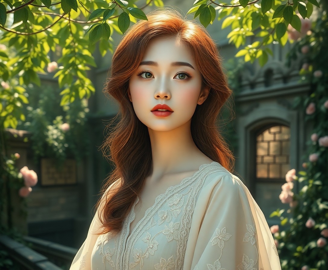 AI generated art for prompt: Craft a photorealistic portrait of an enchanting East Asian woman with porcelain skin and clouded gr