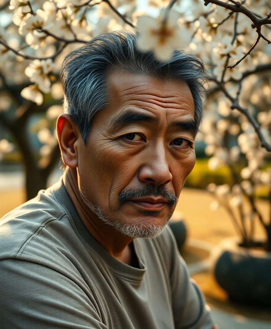 AI generated art for prompt: Imagine a portrait photograph, captured with a film camera, of a middle-aged Japanese-American Hispa