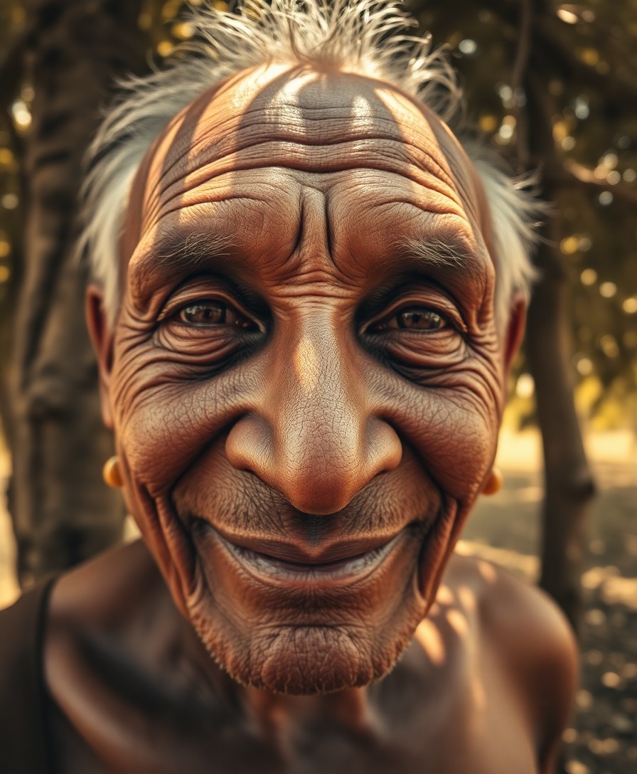 AI generated art for prompt: Craft a vintage sepia-toned photograph focusing on an elderly Melanesian man's close-up portrait, sh