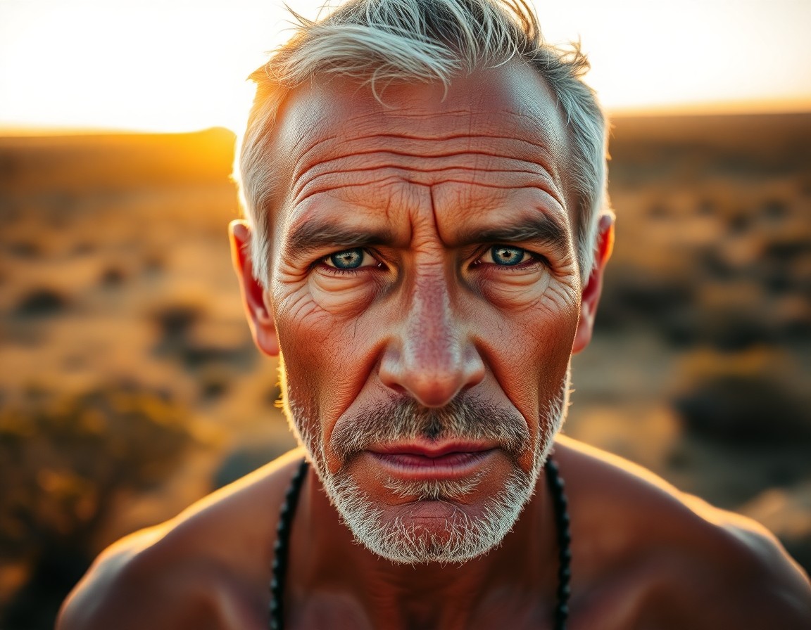 AI generated art for prompt: A portrait photograph captures the rugged features of a middle-aged Aboriginal man with warm blue ey