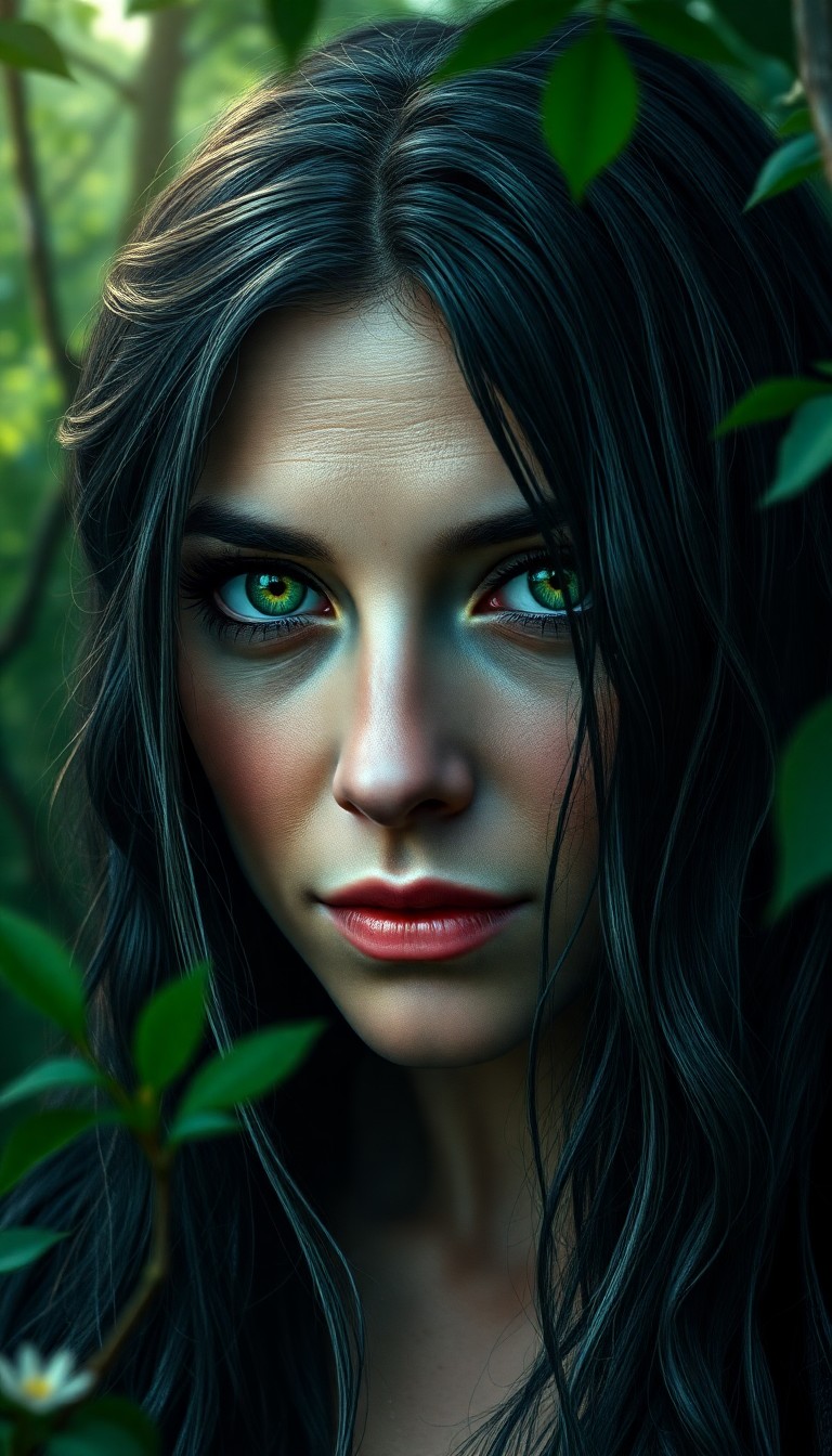 AI generated art for prompt: Capture a photorealistic portrait of an alluring mystic oracle. Her emerald green eyes, heavy-lidded