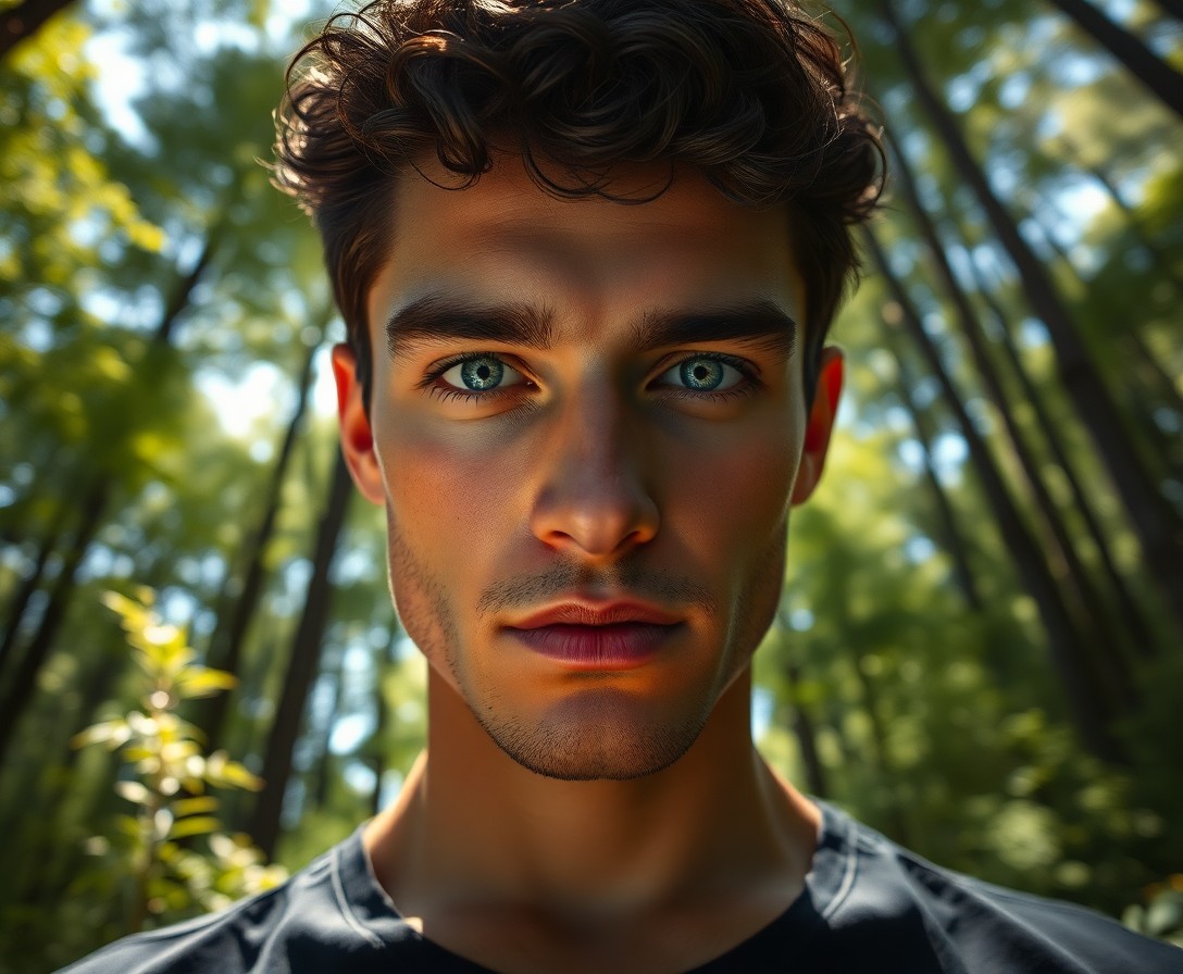 AI generated art for prompt: Envision a captivating portrait of a young Caucasian man with sharply defined features, piercing blu