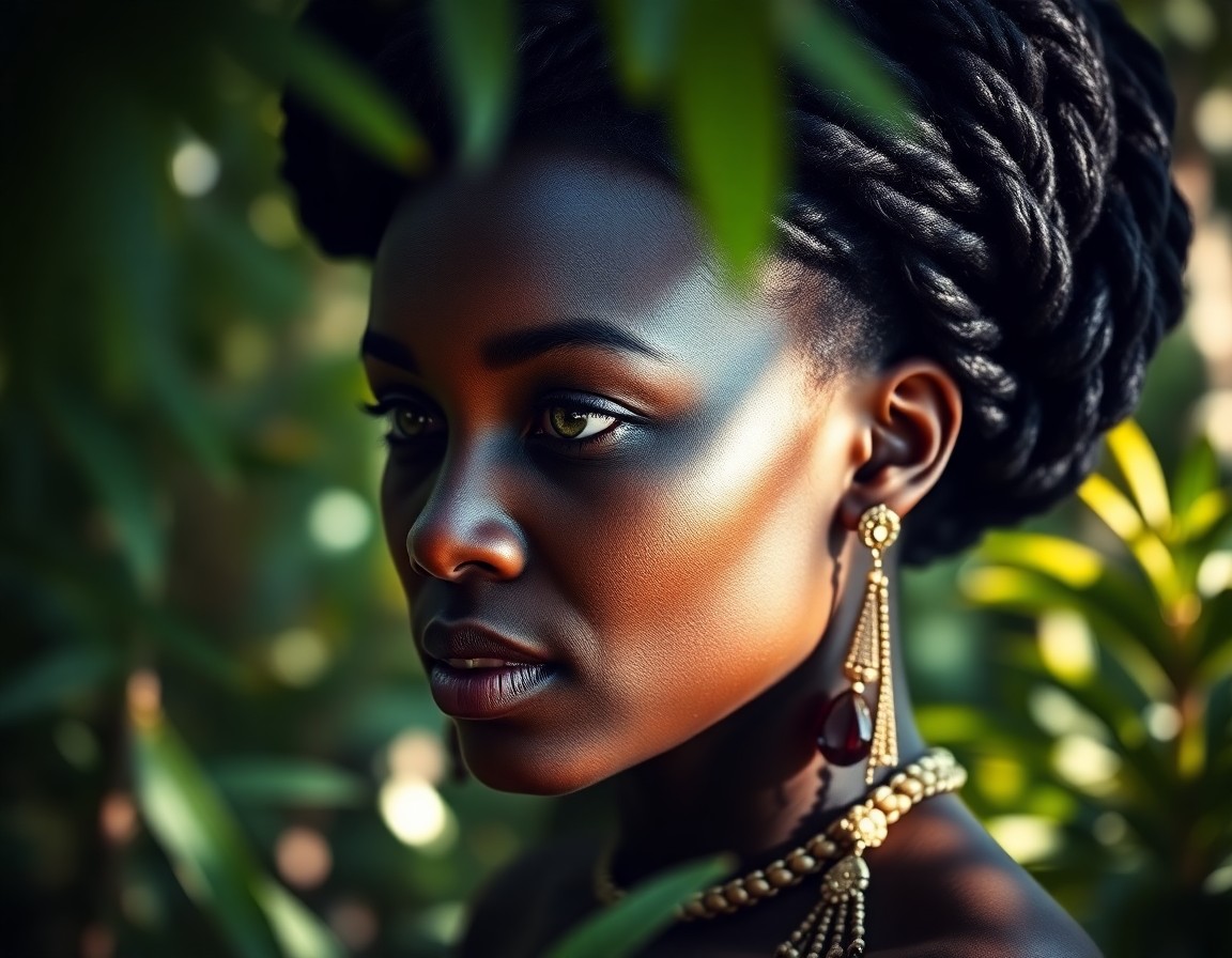 AI generated art for prompt: A photorealistic portrait of a 35-year-old African woman with olive skin and raven hair styled in an