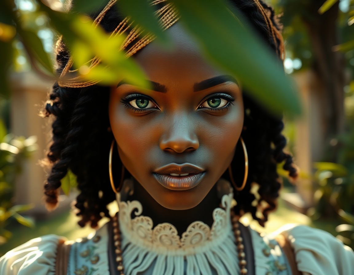 AI generated art for prompt: Craft a photorealistic portrait of an enigmatic Caribbean woman with serene emerald eyes, partially 