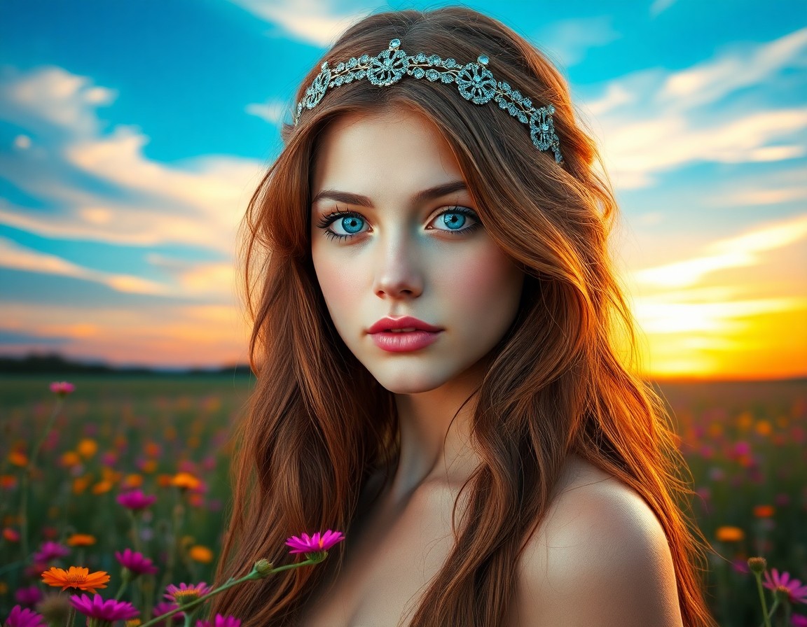 AI generated art for prompt: A photorealistic portrait depicts a youthful Amazonian woman with striking blue eyes and cascading c