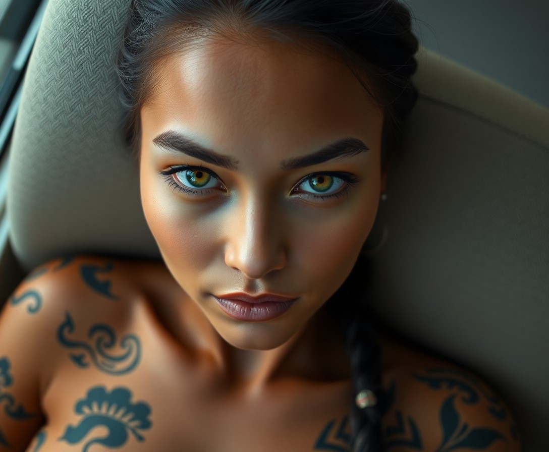 AI generated art for prompt: Craft a hyperrealistic portrait showcasing a Polynesian woman with captivating warm green eyes and i