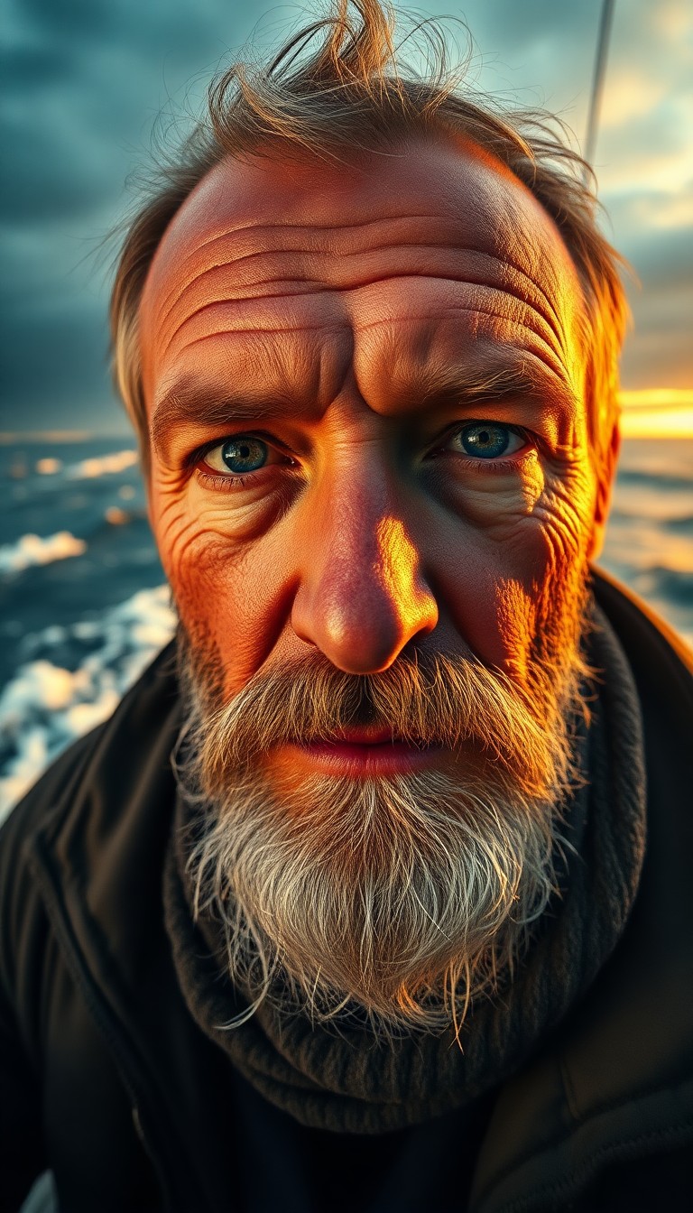 AI generated art for prompt: Photograph a seasoned sailor with piercing blue eyes and a salt-and-pepper beard in a captivating po