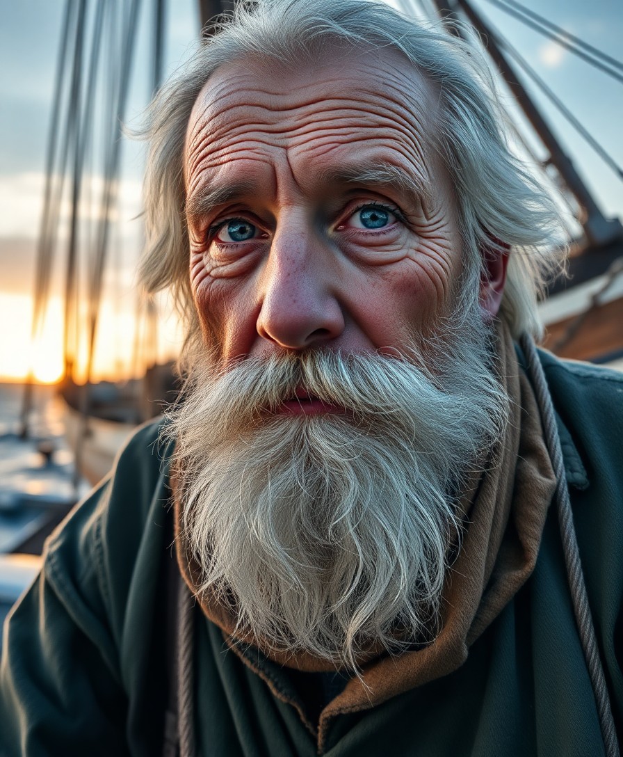 AI generated art for prompt: Hyperrealistically portray an elderly sailor with captivating blue eyes and a grizzled white beard. 