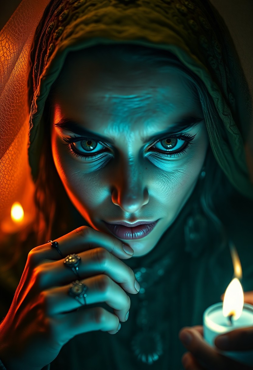 AI generated art for prompt: A captivating portrait of a mysterious fortune teller reveals itself from an enchanting bug's-eye pe