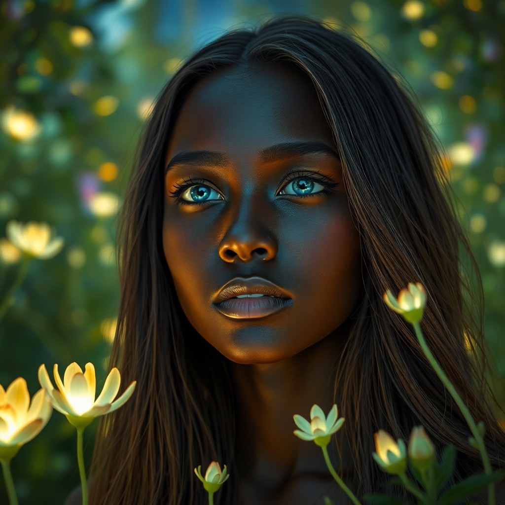 AI generated art for prompt: Craft a photorealistic hyperrealism portrait of a young African woman with hazy blue eyes and long f