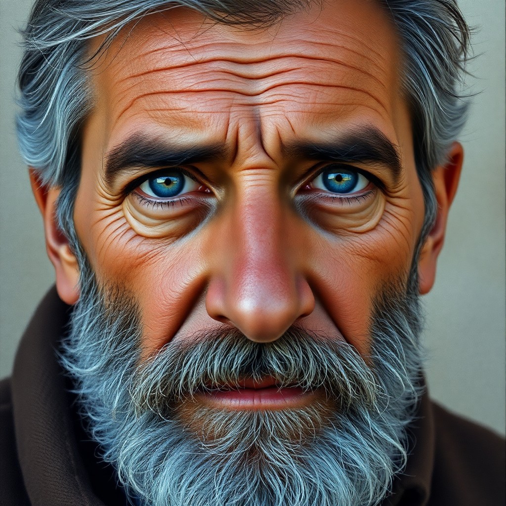 AI generated art for prompt: Craft a hyper-realistic oil painting of a middle-aged Mediterranean man with tranquil blue eyes, an 